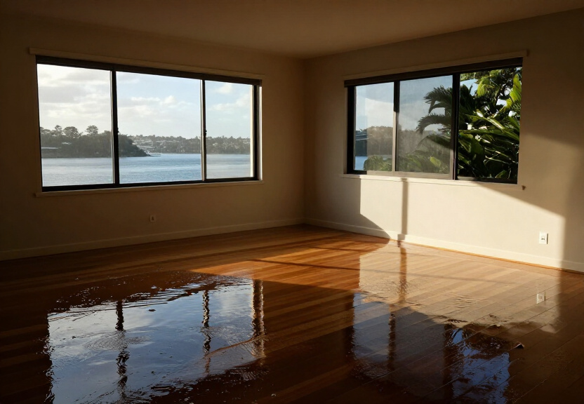Flood-damaged living room in Emu Plains before restoration